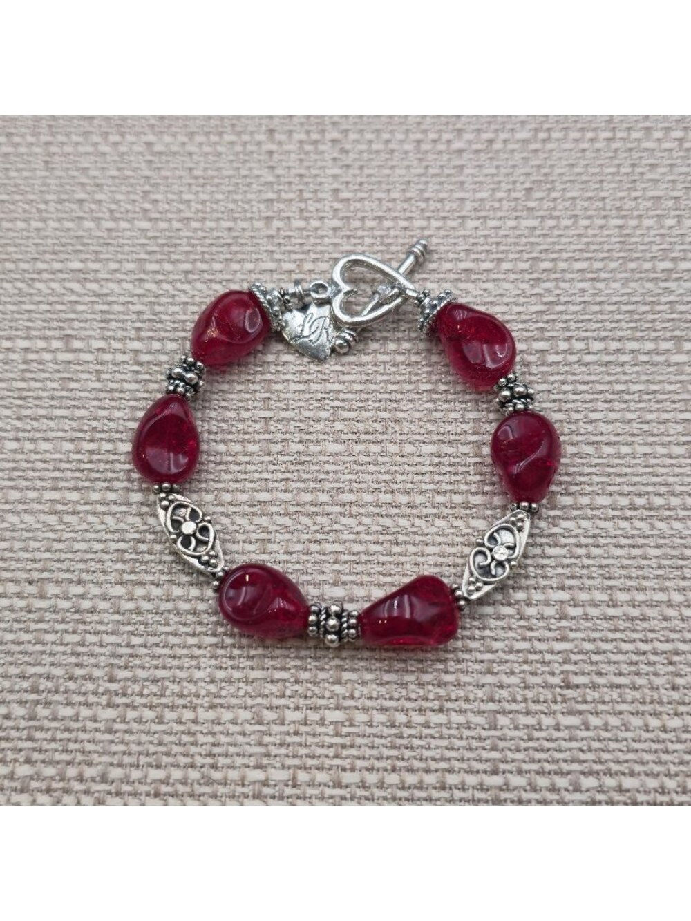 7 Inch Sterling Silver Red Glass Nugget Bead Toggle Heart Charm Bracelet B1604